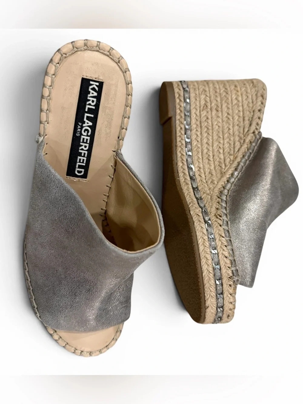 Karl Lagerfeld Pairs Women's 6 Carina Silver Leather Wedge Espadrille Sandals S5